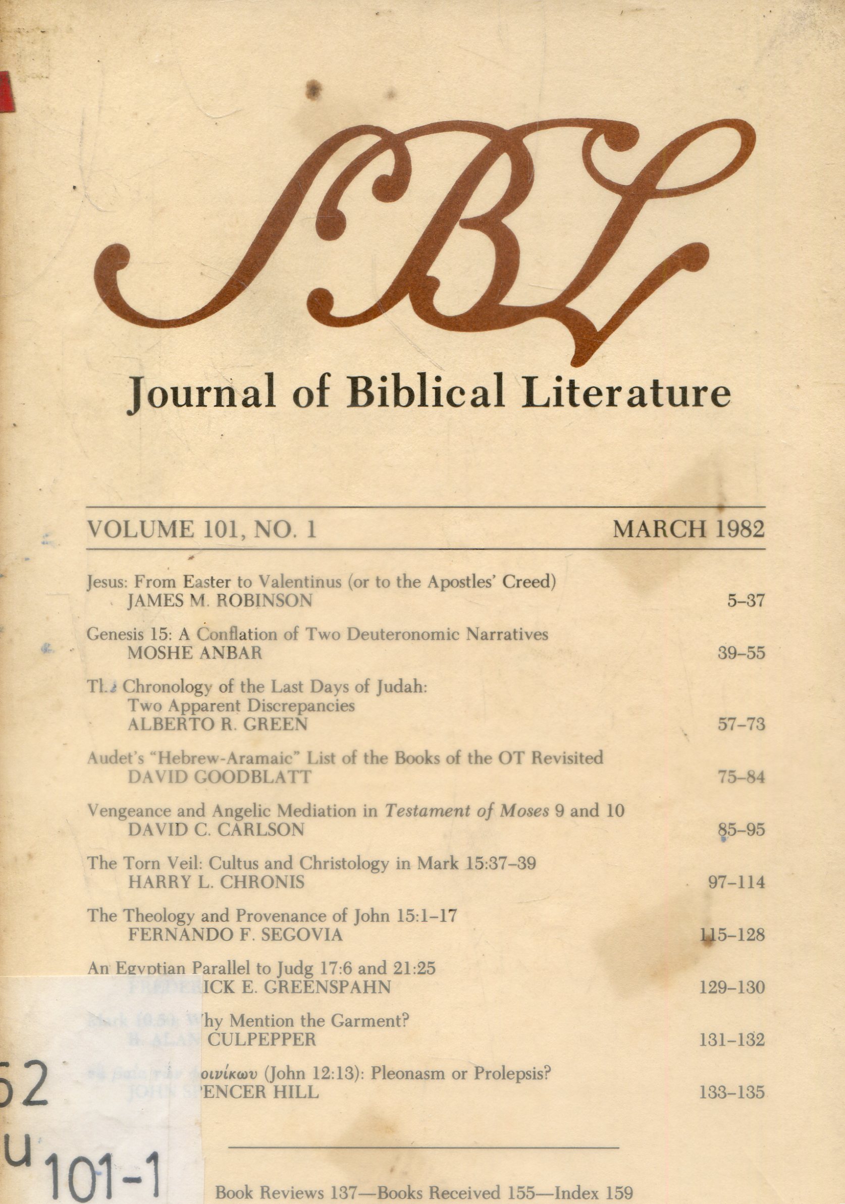 Cover Journal Of Biblical literature / Annual Indeks