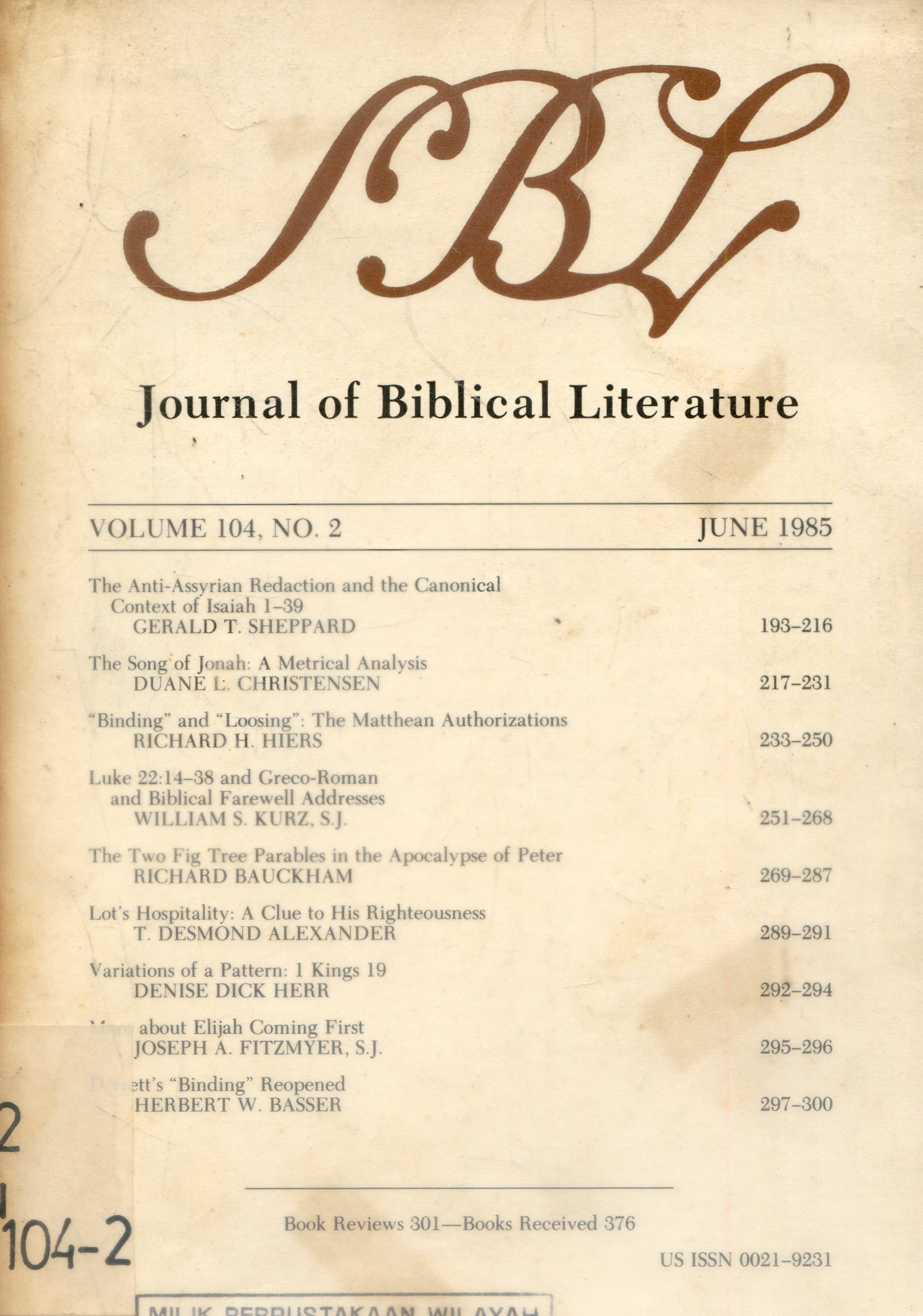 Cover Journal Of Biblical literature / Annual Indeks