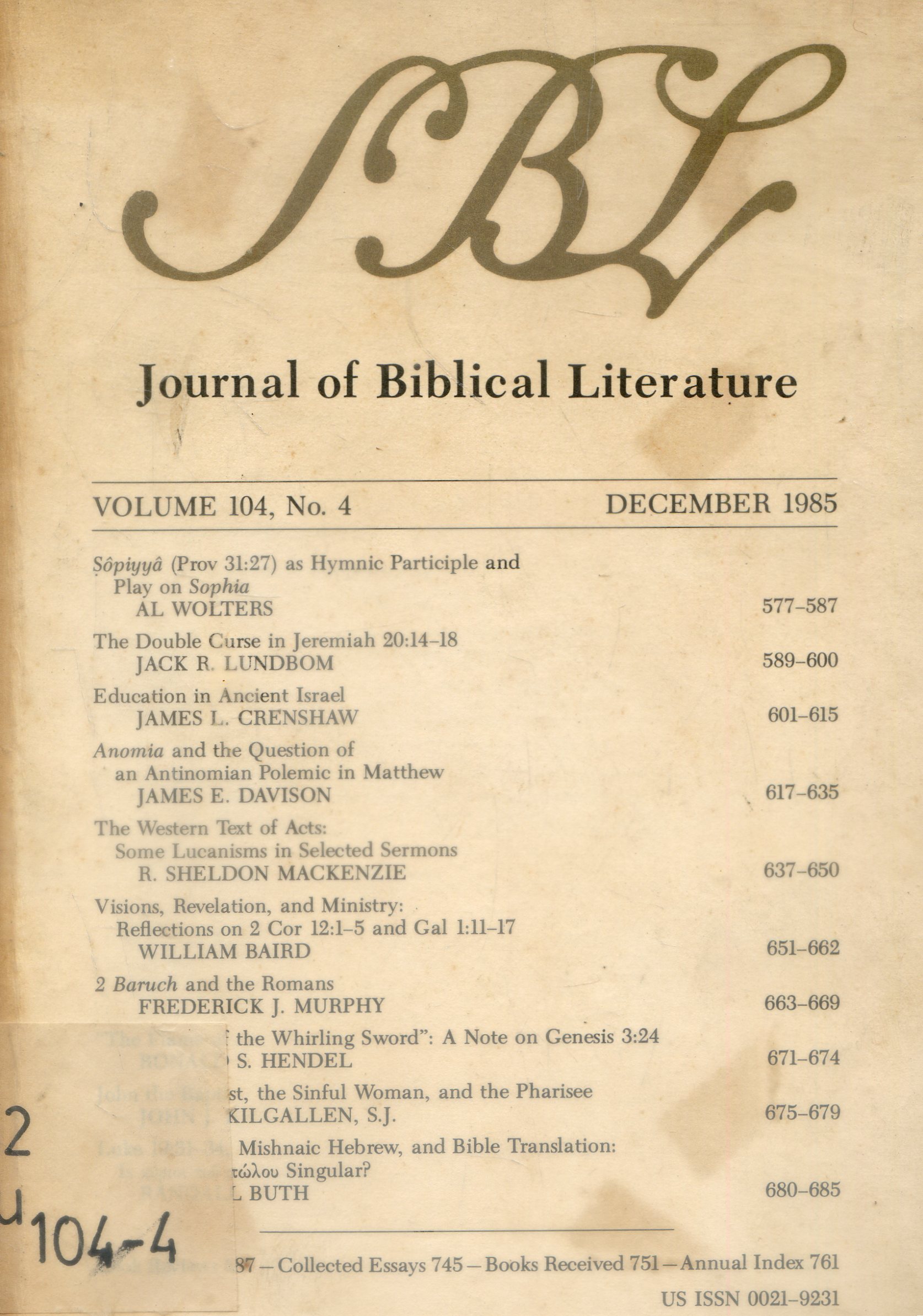Cover Journal Of Biblical literature / Annual Indeks