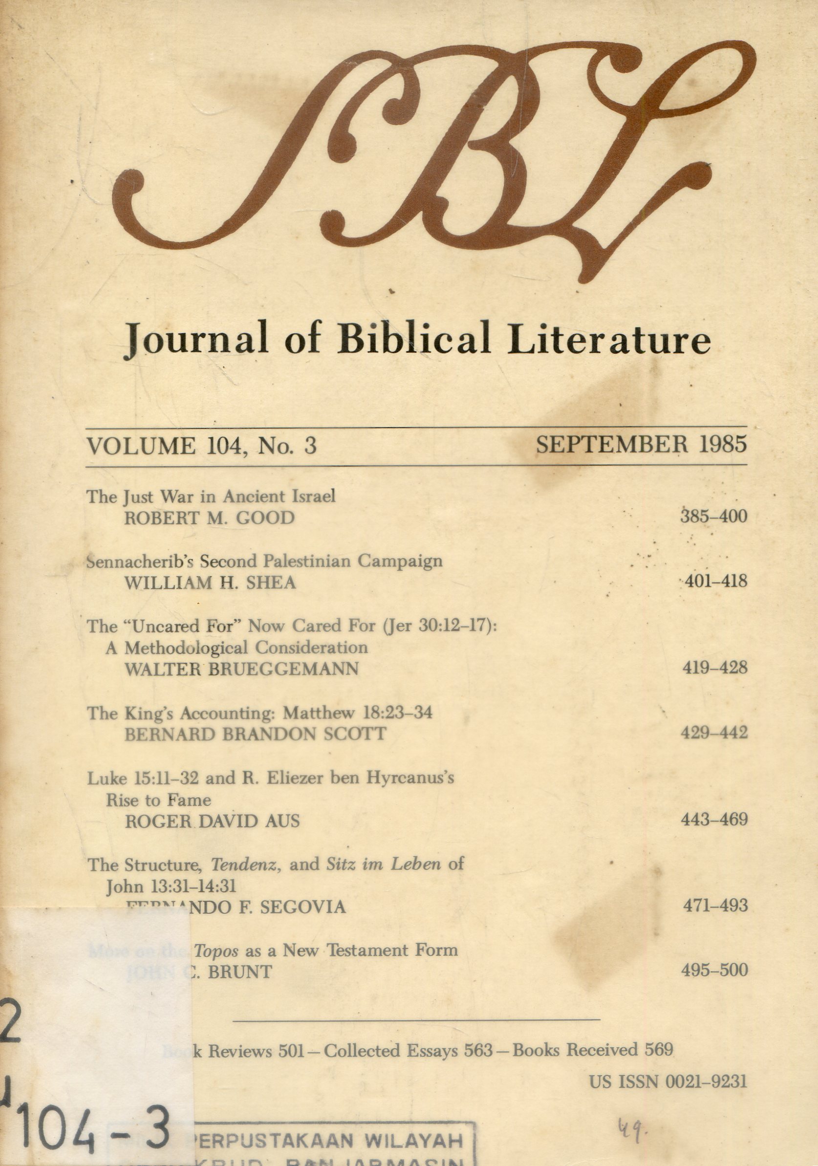 Cover Journal Of Biblical literature / Annual Indeks