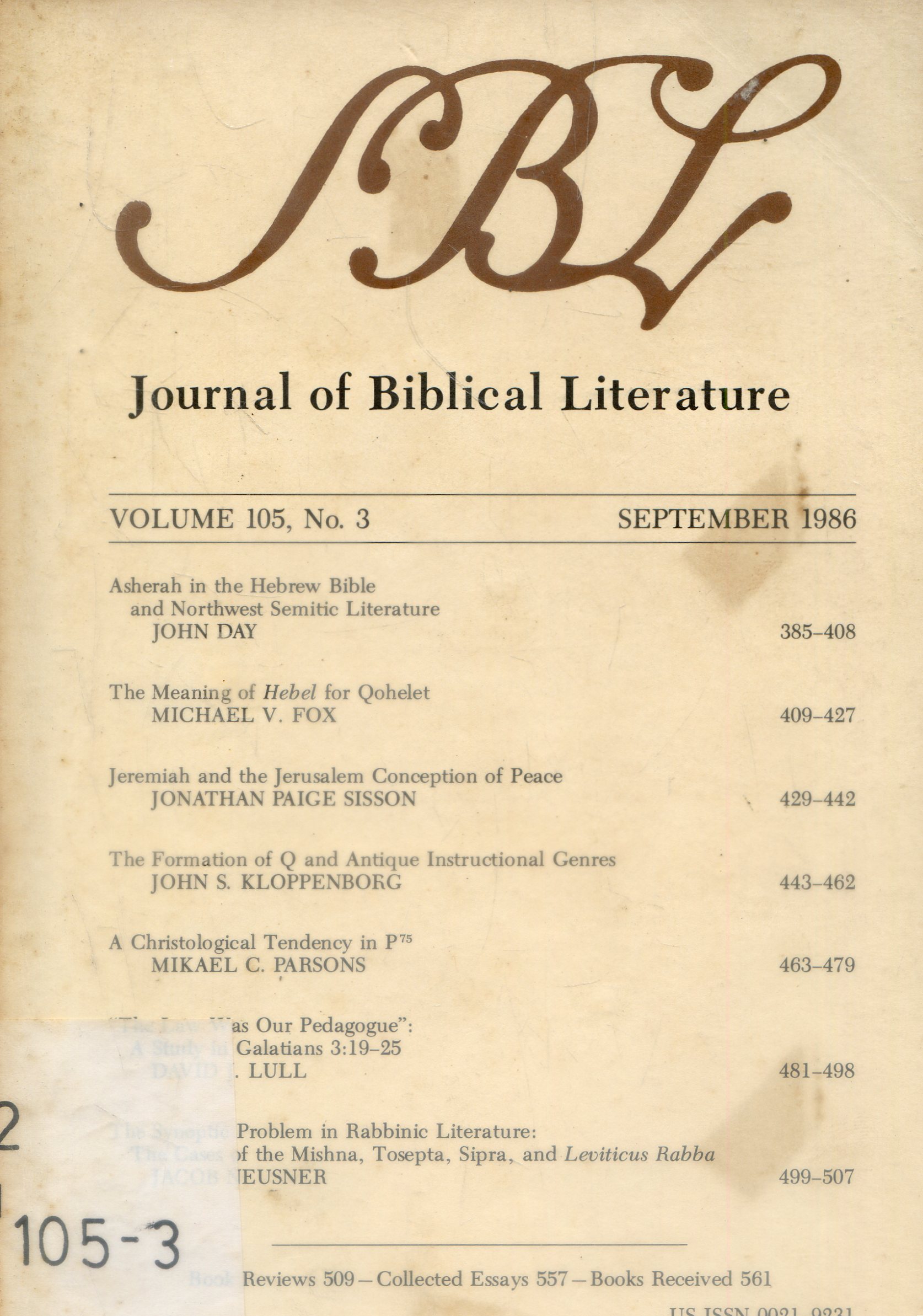 Cover Journal Of Biblical literature / Annual Indeks