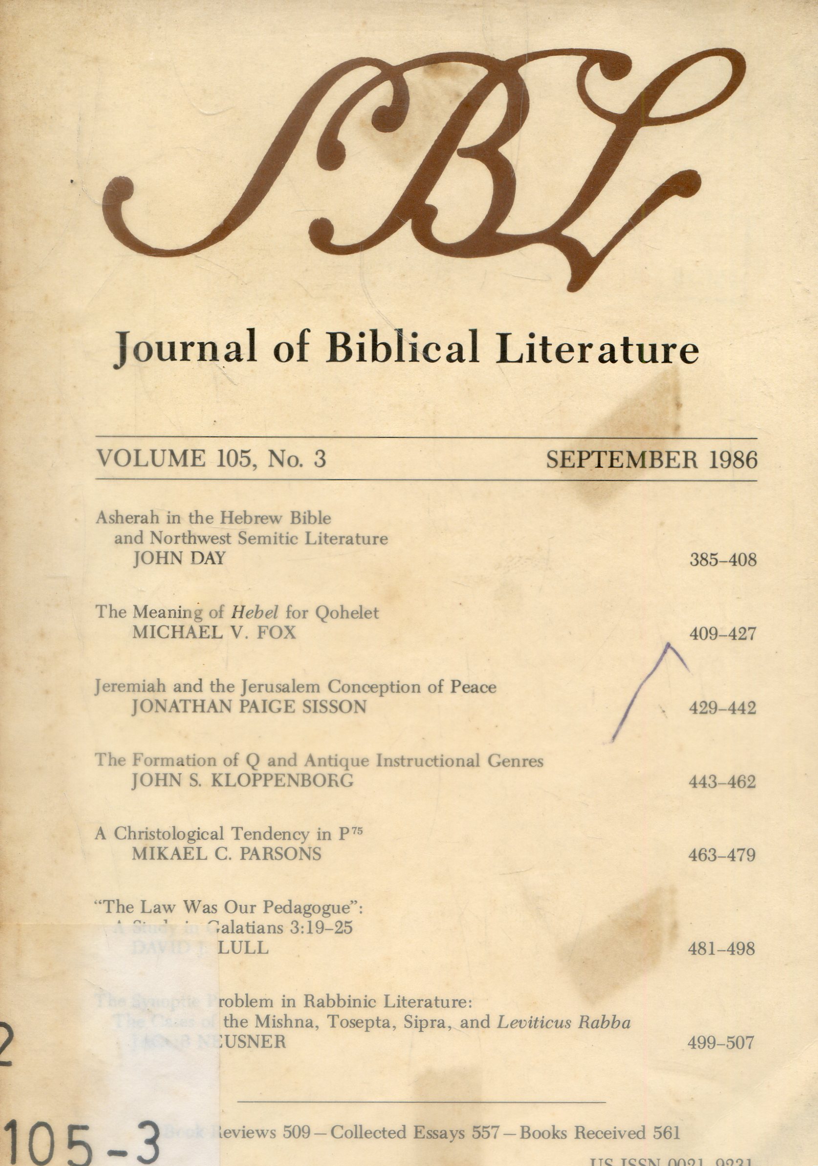 Cover Journal Of Biblical literature / Annual Indeks