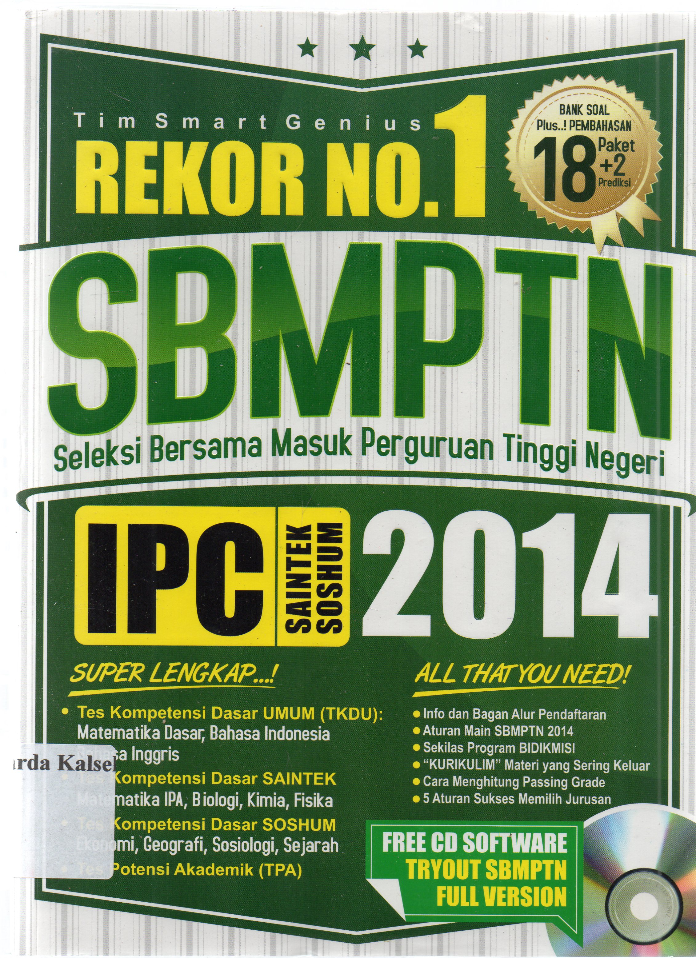 Cover Rekor no.1 SBMPTN seleksi bersama masuk perguruan tinggi / Team Smart Genius ; editor Team Smart Genius.