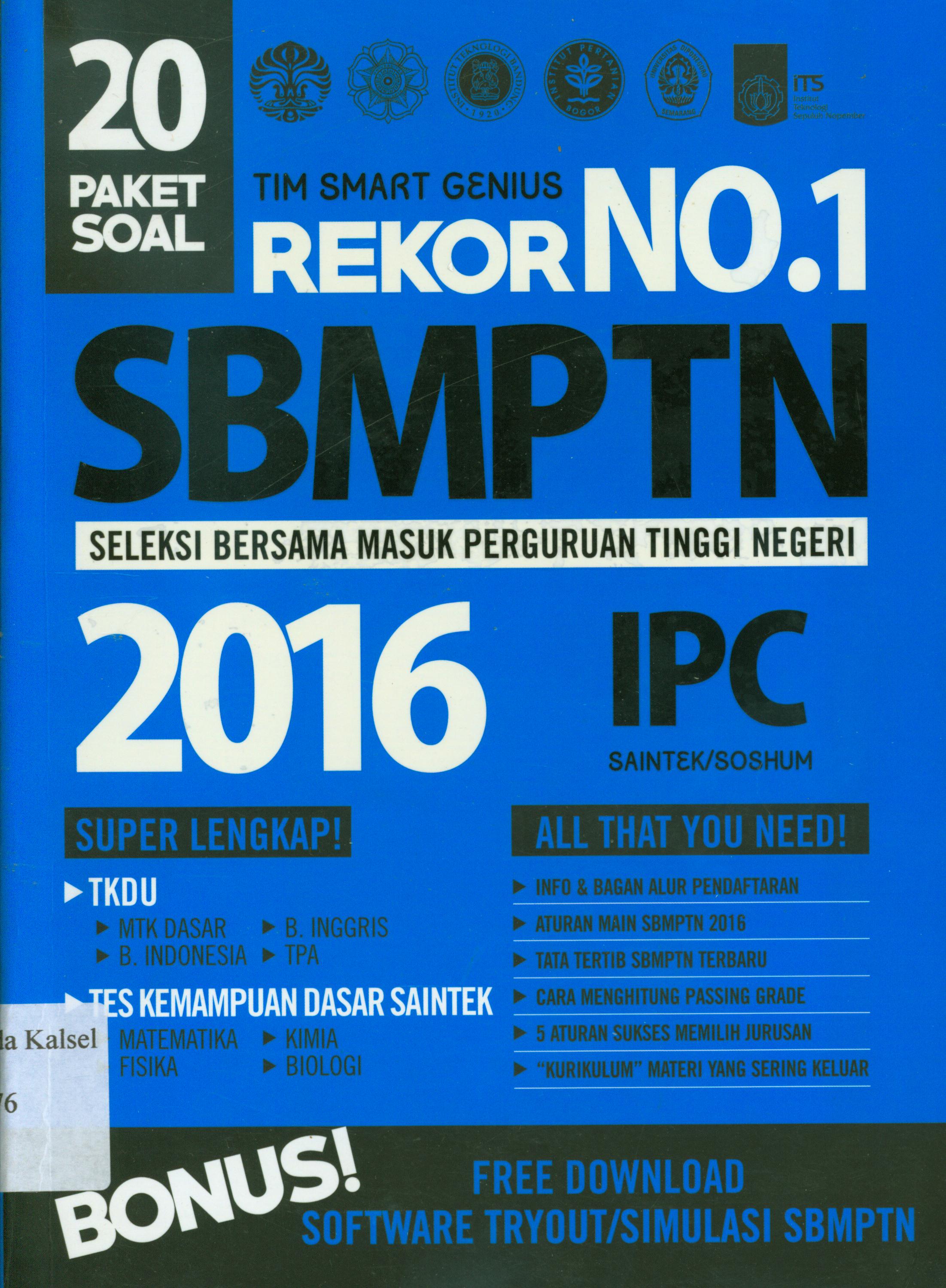 Cover Rekor No.1 SBMPTN :  seleksi bersama masuk perguruan tinggi negeri / TeamSmart Genius ; editor, Tim Smart Genius.