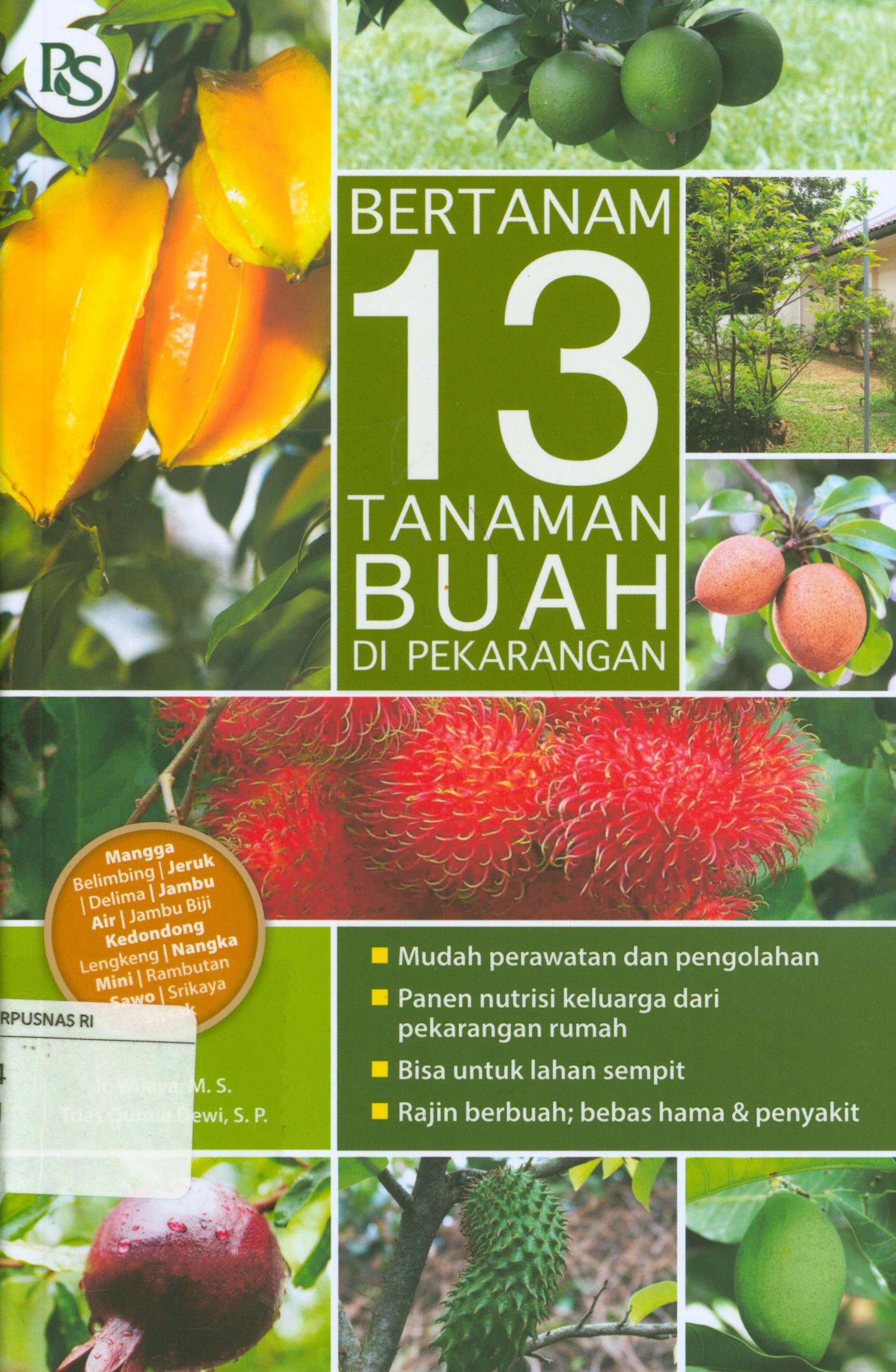 Cover Bertanam 13 tanaman buah di pekarangan :  mudah perawatan dan pengolahan, panen nutrisi keluarga dari pekarangan rumah, bisa untuk lahan sempit, rajin berbuah; bebas hama / Wijaya, Trias Qurnia Dewi ; editor, Leni H. Apriyanti