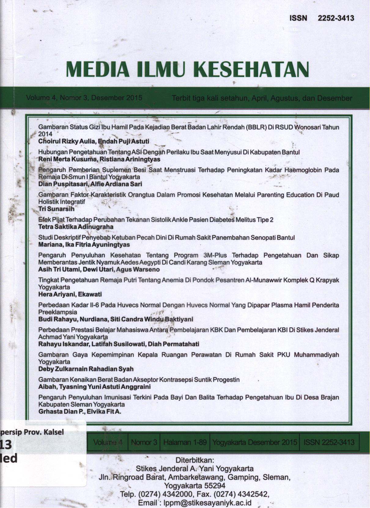Cover Media ilmu kesehatan volume 4 Nomor 3 Desember 2015 / Dewan Redaksi