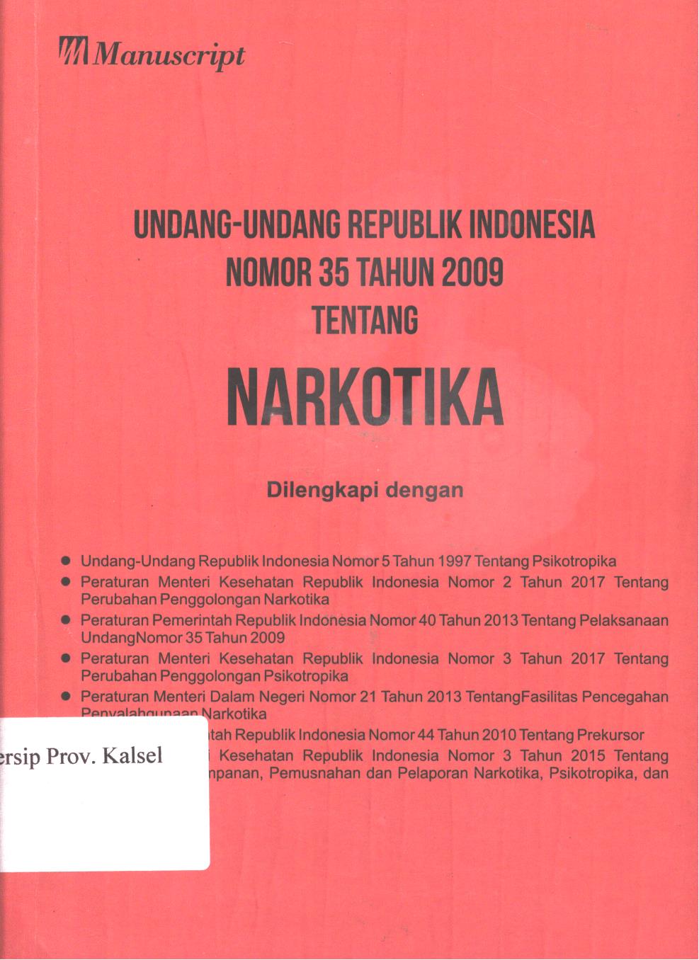Cover Undang-undang republik Indonesia nomor 35 tahun 2009 tentang Narkotika