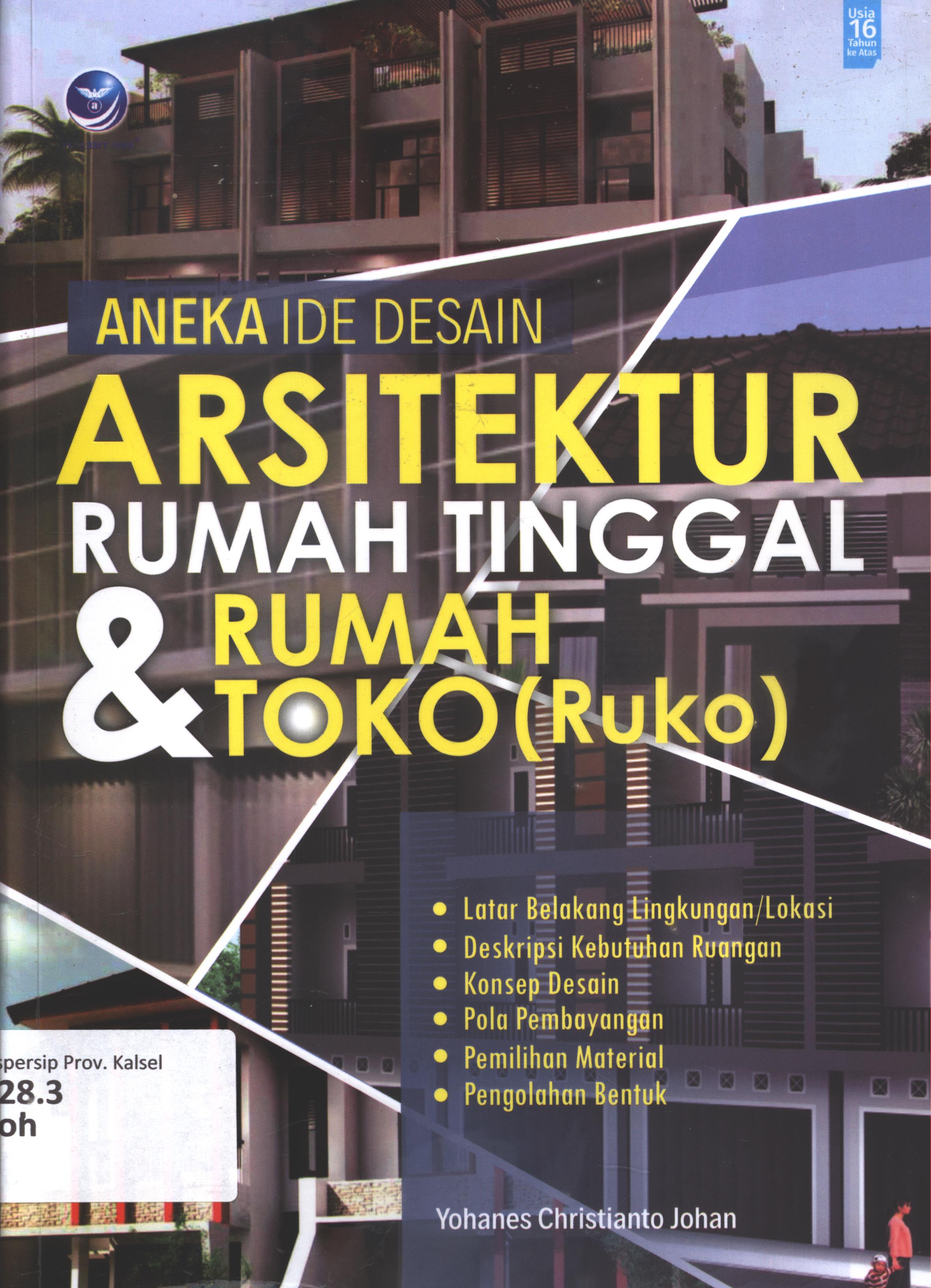 Cover Aneka ide desain arsitektur rumah tinggal dan rumah toko (Ruko) :  Architecture Idea Book / Yohanes Christianto Johan ; editor, L. Mayasari ; setting, Yohanes Christianto J ; desain cover, Ferryan Nugroho P. ; korektor, Clara Mitak